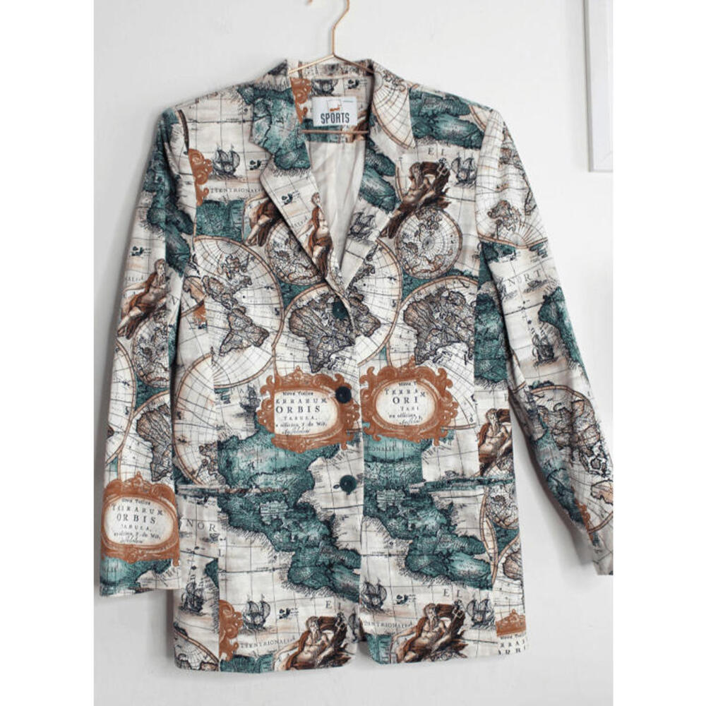 Mondi Printed Map-Pattern Blazer in White, Teal & Brown